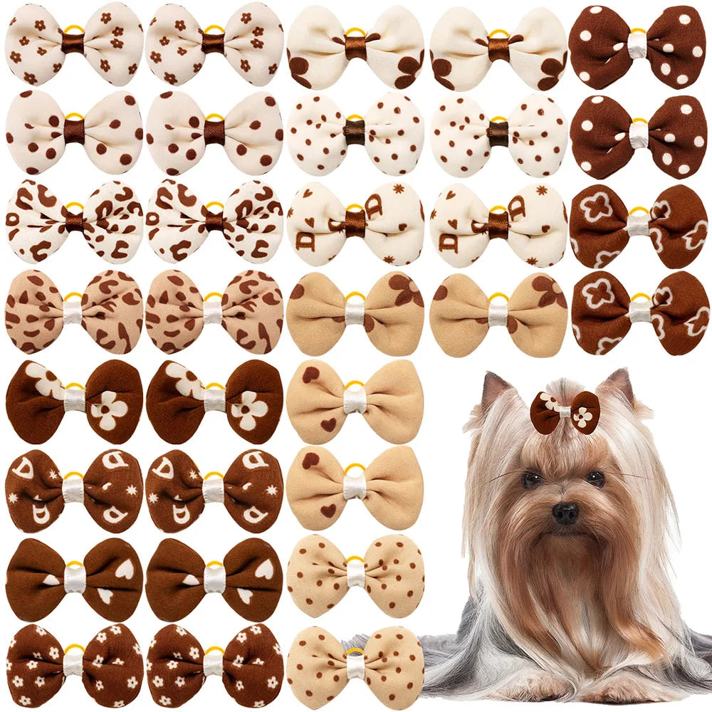 10/20/30 pçs arcos do cão com faixas de borracha artesanal estilo marrom filhote de cachorro cabeça flor artesanal suprimentos para animais de estimação para cães arcos suprimentos