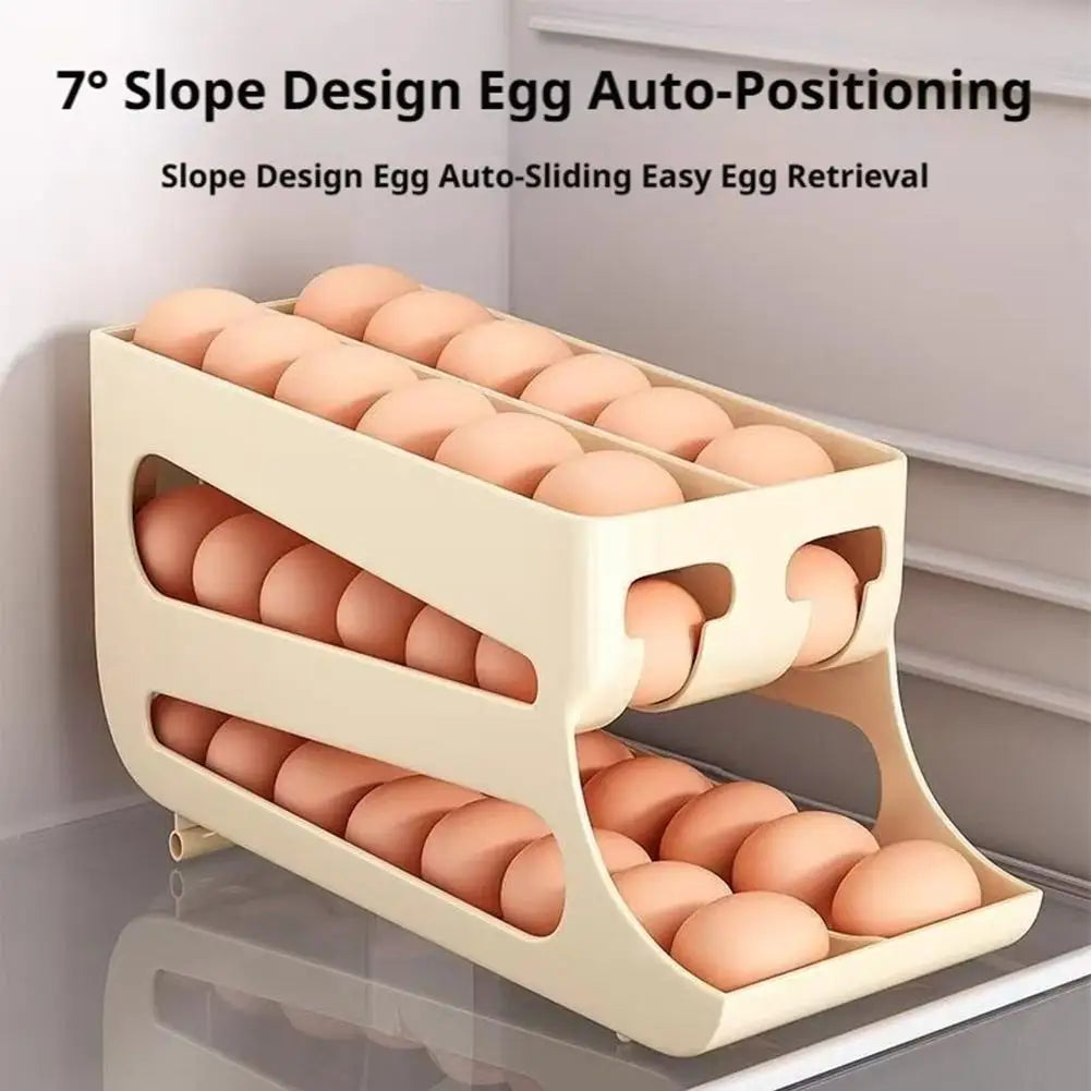 Organizador de ovos com rolagem automática para cozinha, dispensador de ovos de plástico, rack de armazenamento, suporte de ovos que economiza espaço para uso na geladeira, acessórios de cozinha
