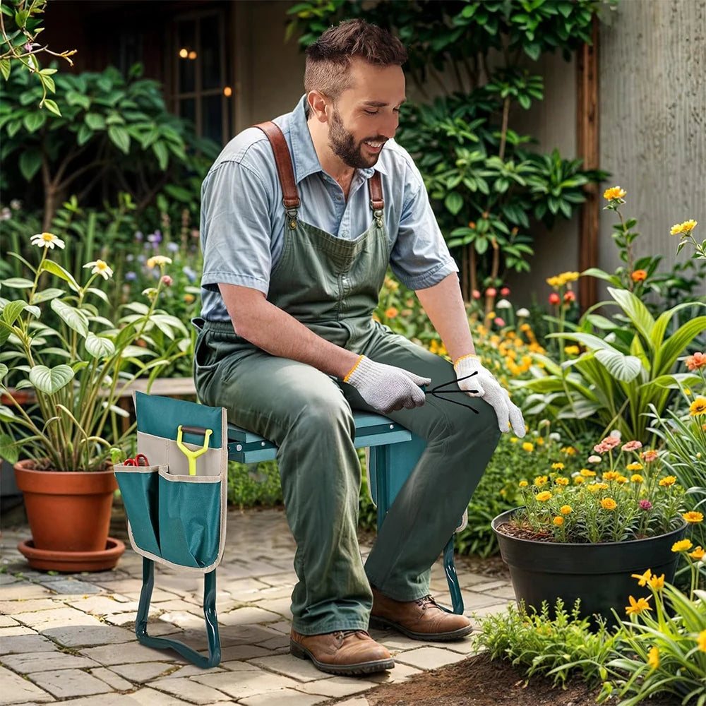 Banco de Jardim 2 em 1 Portátil com Bolsa para Ferramentas, Banquinho Dobrável com Almofada EVA, Ideal para Jardinagem e Trabalho no Quintal