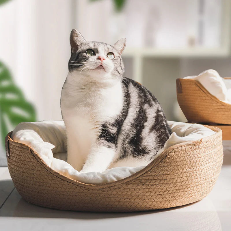 Cama para animais de estimação, canil macio para gatos, sofá, tecelagem de bambu, quatro estações, cestas de ninho aconchegantes, à prova d'água, almofada removível, saco de dormir