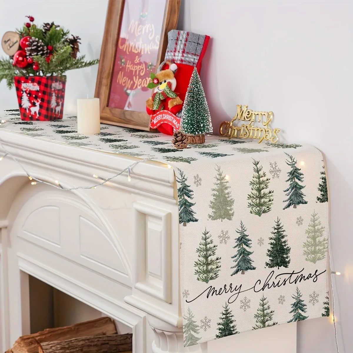 Decoração de mesa festiva retangular de corredor de mesa de Natal, design de árvores de Natal vermelhas e flocos de neve para toalha de mesa de férias