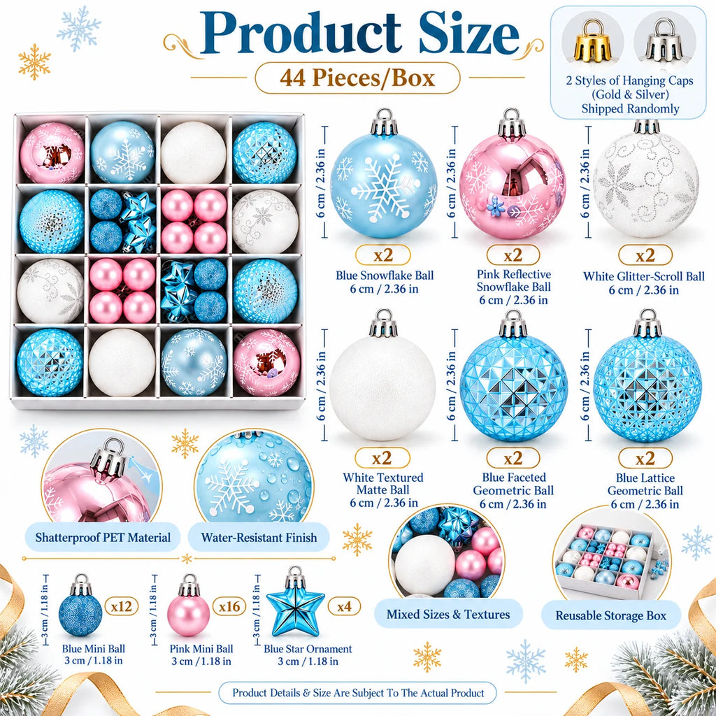 Conjunto de 44 enfeites de bolas de Natal, bolas azuis, rosas e brancas, floco de neve e estrela para decoração de árvore de Natal.