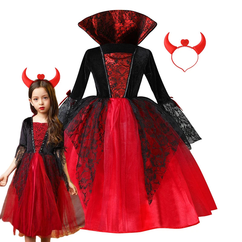 Fantasia de Vampiro para Meninas, Conjunto Completo com Acessórios, Fantasia para Festa Temática de Halloween, Presente de Feriado para Meninas