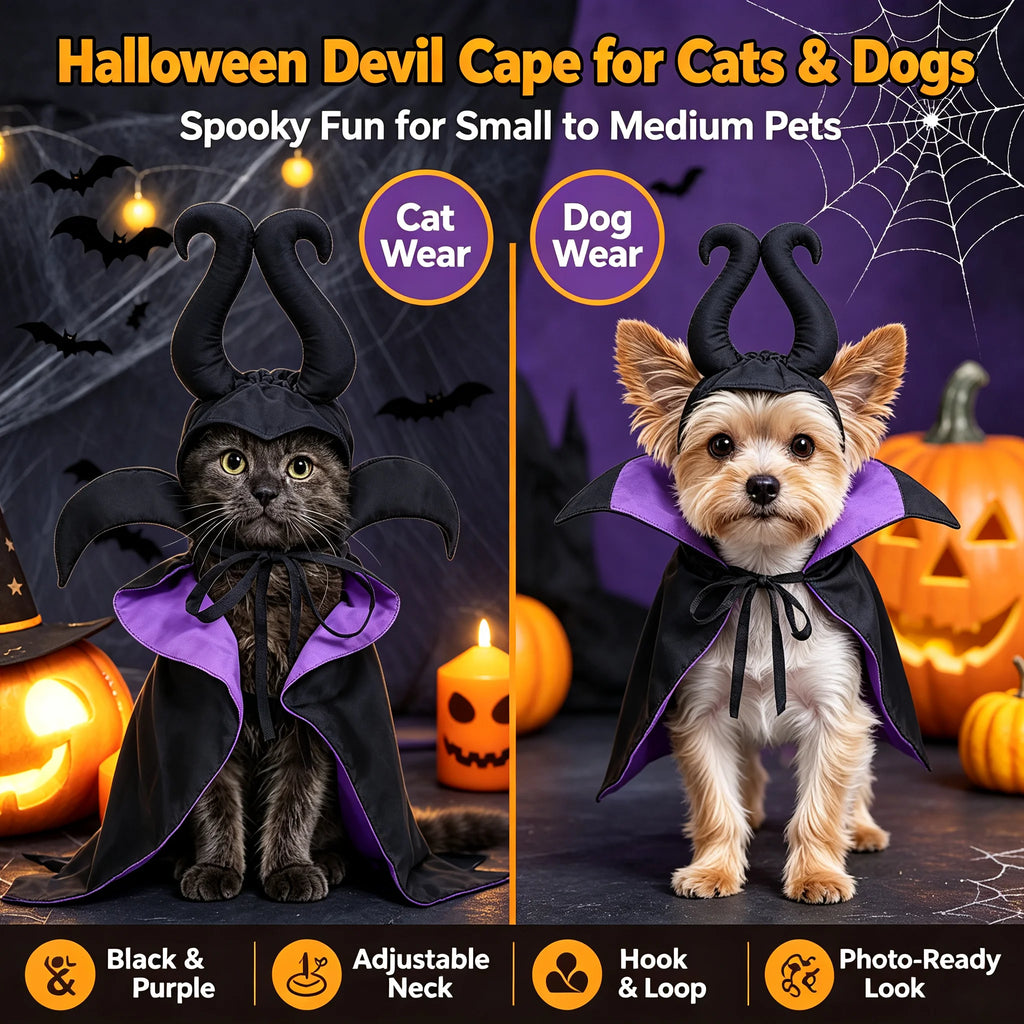 Fantasia de Halloween para Cães e Gatos, Capa com Capuz, Capa de Veludo da Maléfica, Ajustável, Vestuário para Festa de Cosplay, Brinquedo Engraçado de Bruxa para Animais de Estimação