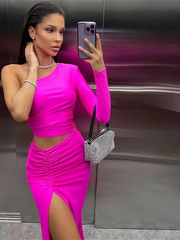 CNYISHE Women's One-Shoulder Cut-Out Ruched Split Maxi Dress Elegant Party Prom Gown Sexy Birthday Outfits