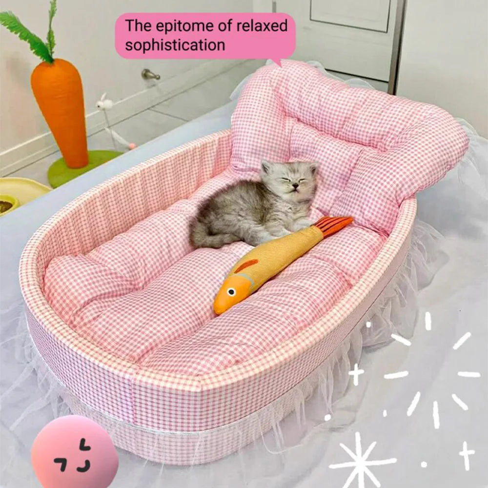 Cama Sofá Princesa para Gatos com Renda, Lavável e Removível, de Pelúcia Macia Oval para Cães/Gatos Pequenos, para Todas as Estações