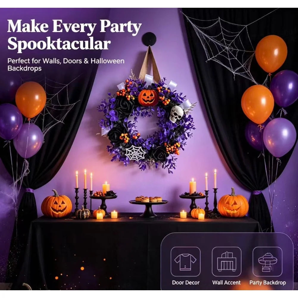 Guirlanda de Flores Artificiais Preta e Roxa para Decoração de Parede e Casa em Festas Temáticas de Halloween, Acessório de Feriado para Pendurar na Porta de Entrada, Interior e Exterior