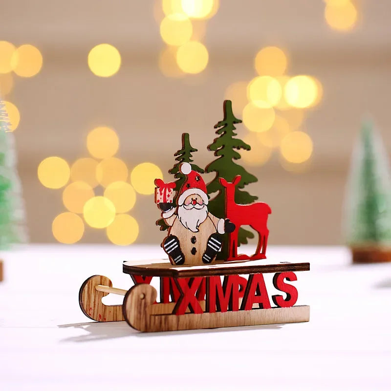 Decorações de natal de madeira diy trenó esqui dos desenhos animados santa ornamento de mesa presente das crianças pequeno presente