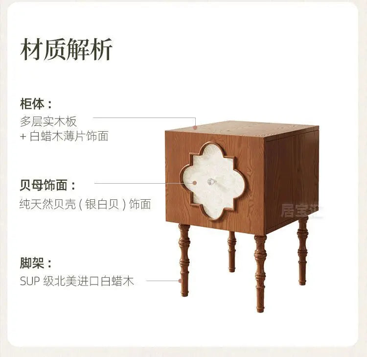 Mesa de Cabeceira Antiga de Luxo de Alta Qualidade em Madeira de Freixo com Design Artístico de Trevo de Quatro Folhas, Armário Lateral para Sofá e Armário de Cabeceira para Quarto