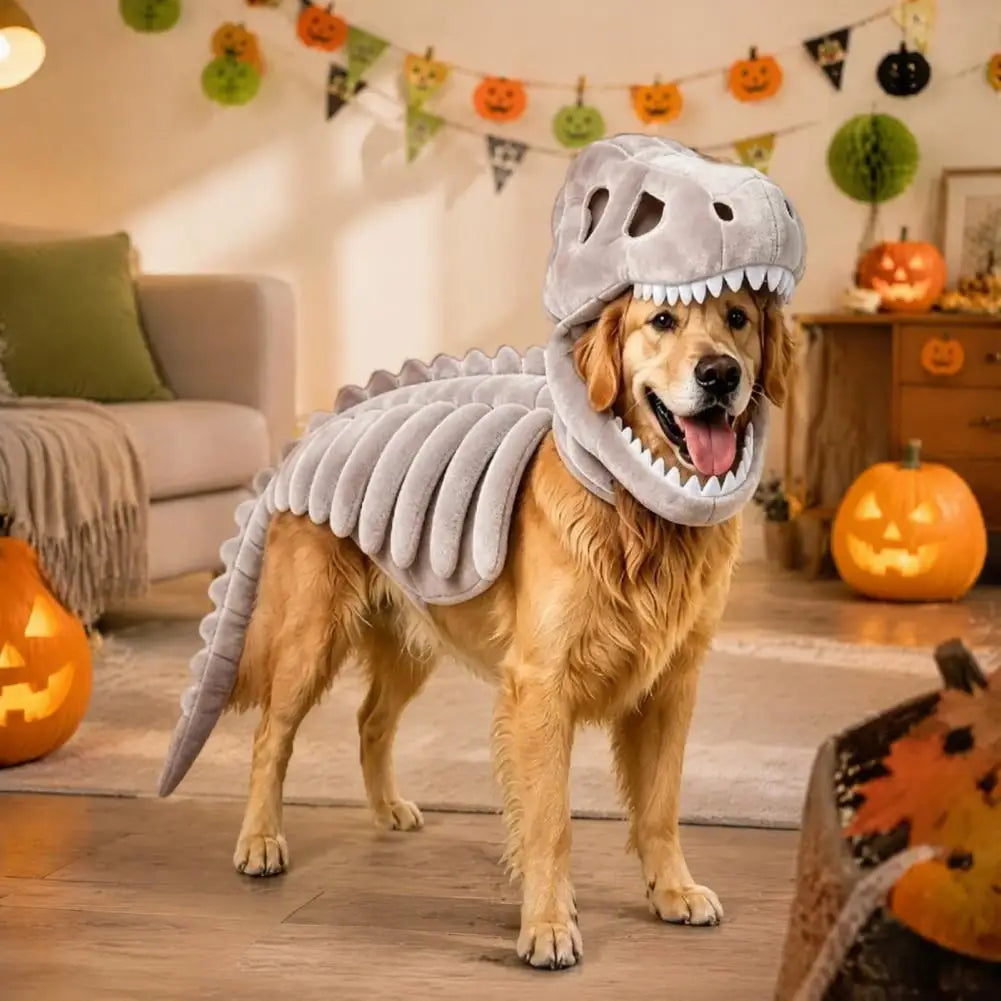 Fantasia de Halloween para Cães em Poliéster Macio, Fantasia de Esqueleto de Dinossauro para Animais de Estimação, Dinossauro de Halloween para Cães e Gatos
