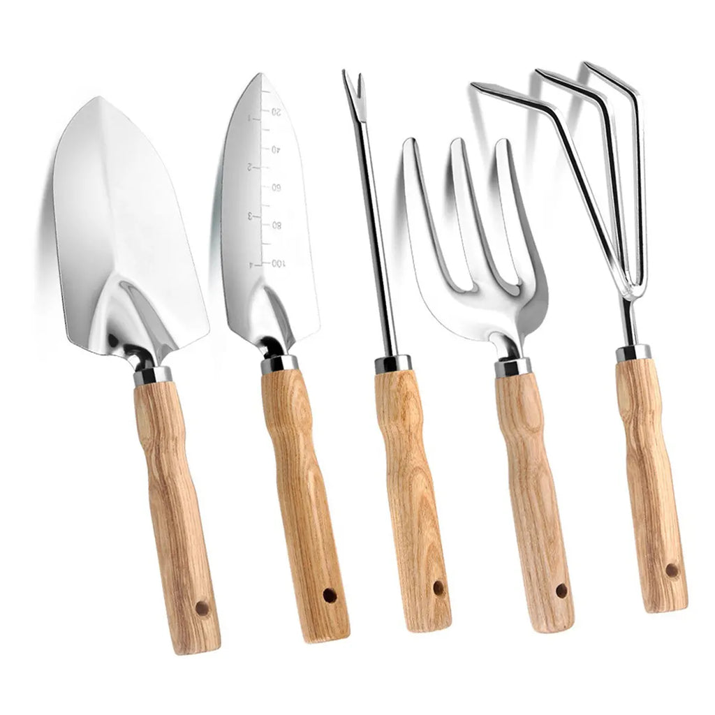 Conjunto Profissional de Ferramentas de Jardinagem com 5 Peças em Aço Inoxidável, Pá Ergonômica para Raízes, Rake para Vasos, Canteiros e Recipientes, Kit para Uso Externo