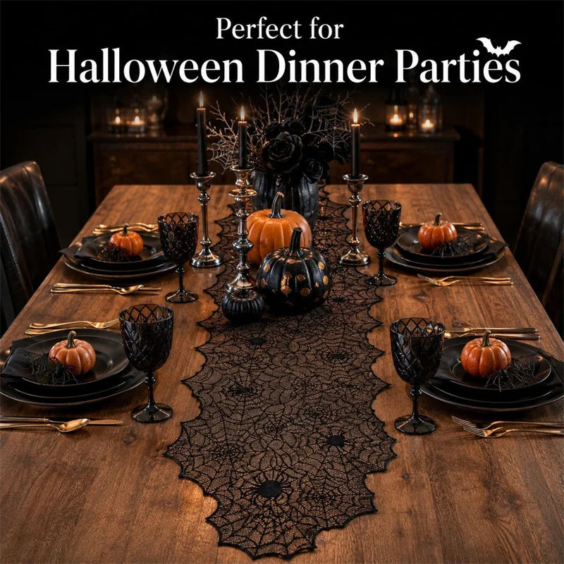 Kit de Decorações de Halloween: Toalha de Mesa com Teia de Aranha, Caminho de Mesa, Decoração para Lareira, Toalha de Mesa com Renda e Teia de Aranha, Decoração para Festa de Halloween