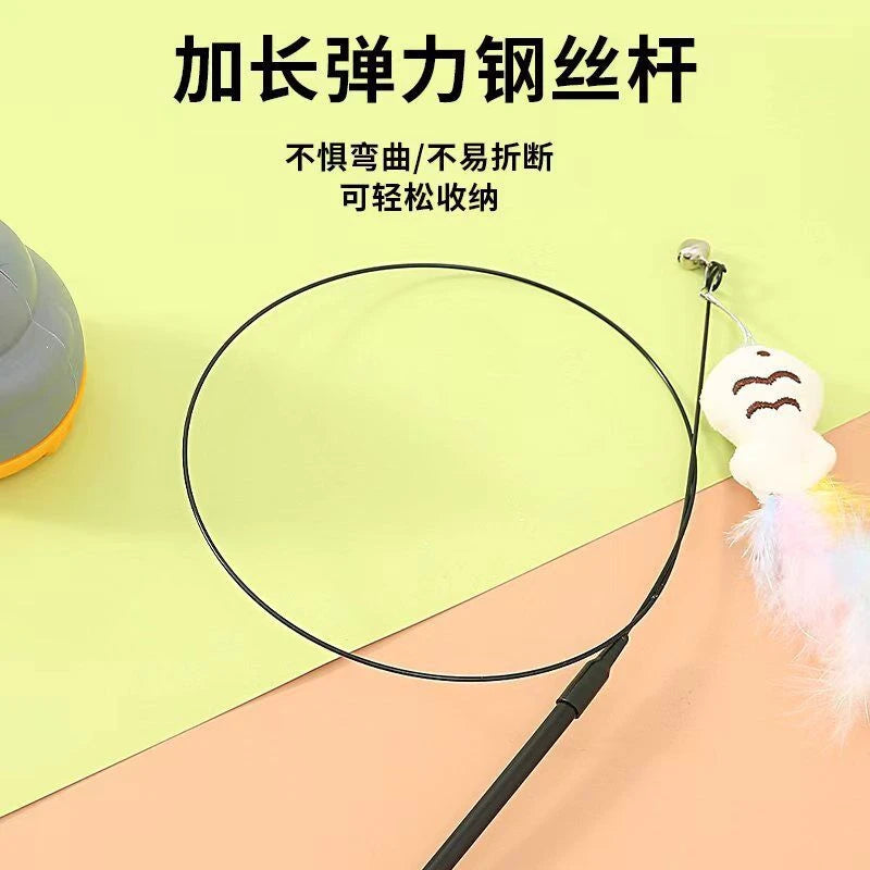 Varinha de Brincar para Gatos com Base Rotativa, Fio de Aço Longo e Pena, Brinquedo Interativo para Alívio do Estresse e Exercício em Ambientes Internos para Gatinhos
