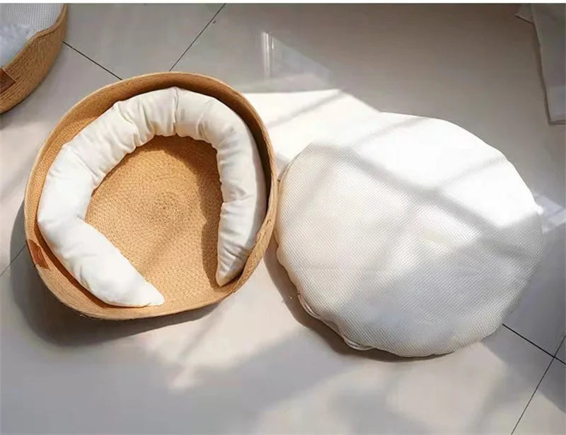 Cama para animais de estimação, canil macio para gatos, sofá, tecelagem de bambu, quatro estações, cestas de ninho aconchegantes, à prova d'água, almofada removível, saco de dormir