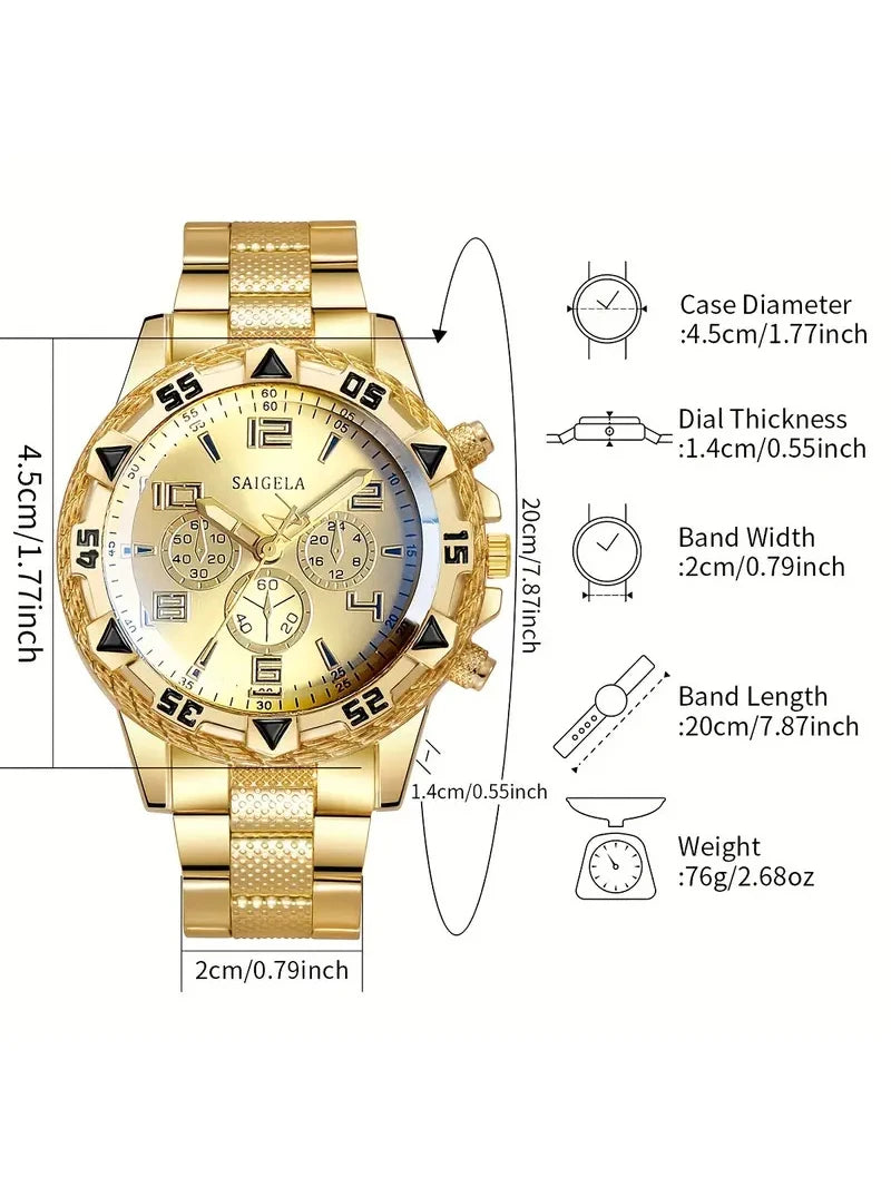 Gold alloy men's business steel bracelet quartz watch and chain bracelet necklace ring set - a birthday gift for him