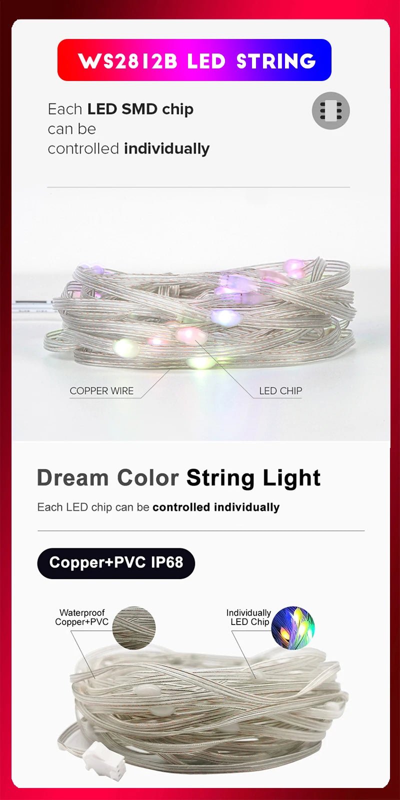 Árvore de Natal ao ar livre e interior String Lights, impermeável Bluetooth Fairy LED String Lights, IP65, WS2812B, 100LED, 10m