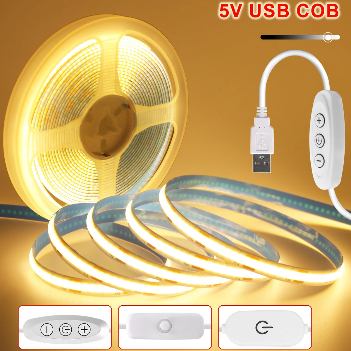 Dimmable COB LED Strip Light, Fita com interruptor ON OFF, Iluminação Linear de Alta Densidade, Fita Adesiva, USB, Flexível, 320LEDs, 5V