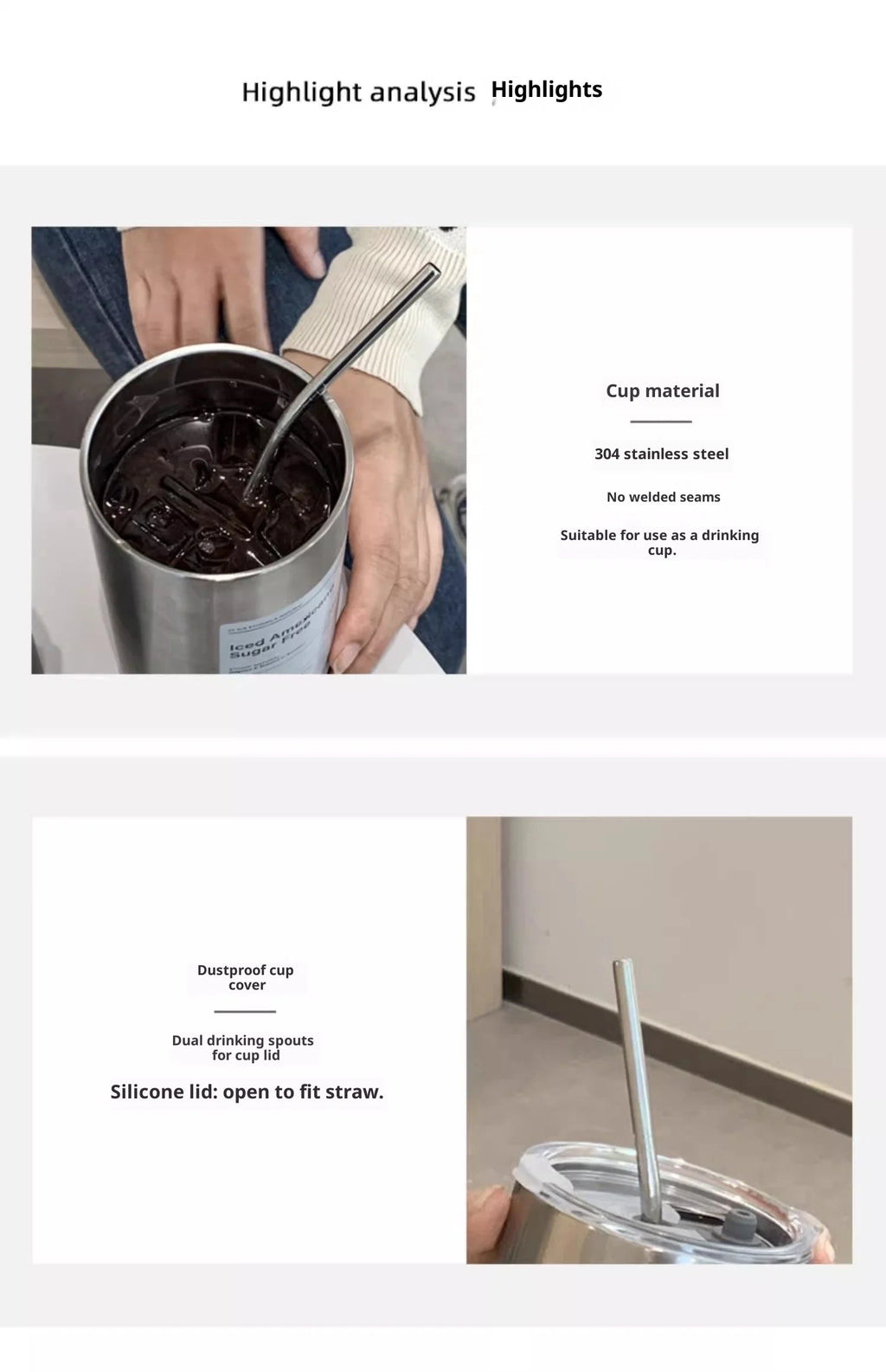 Copo Térmico de Aço Inoxidável 304 de 600ML com Canudo, Copo Reutilizável de Dupla Camada para Café Americano Gelado e Água Fria, Portátil