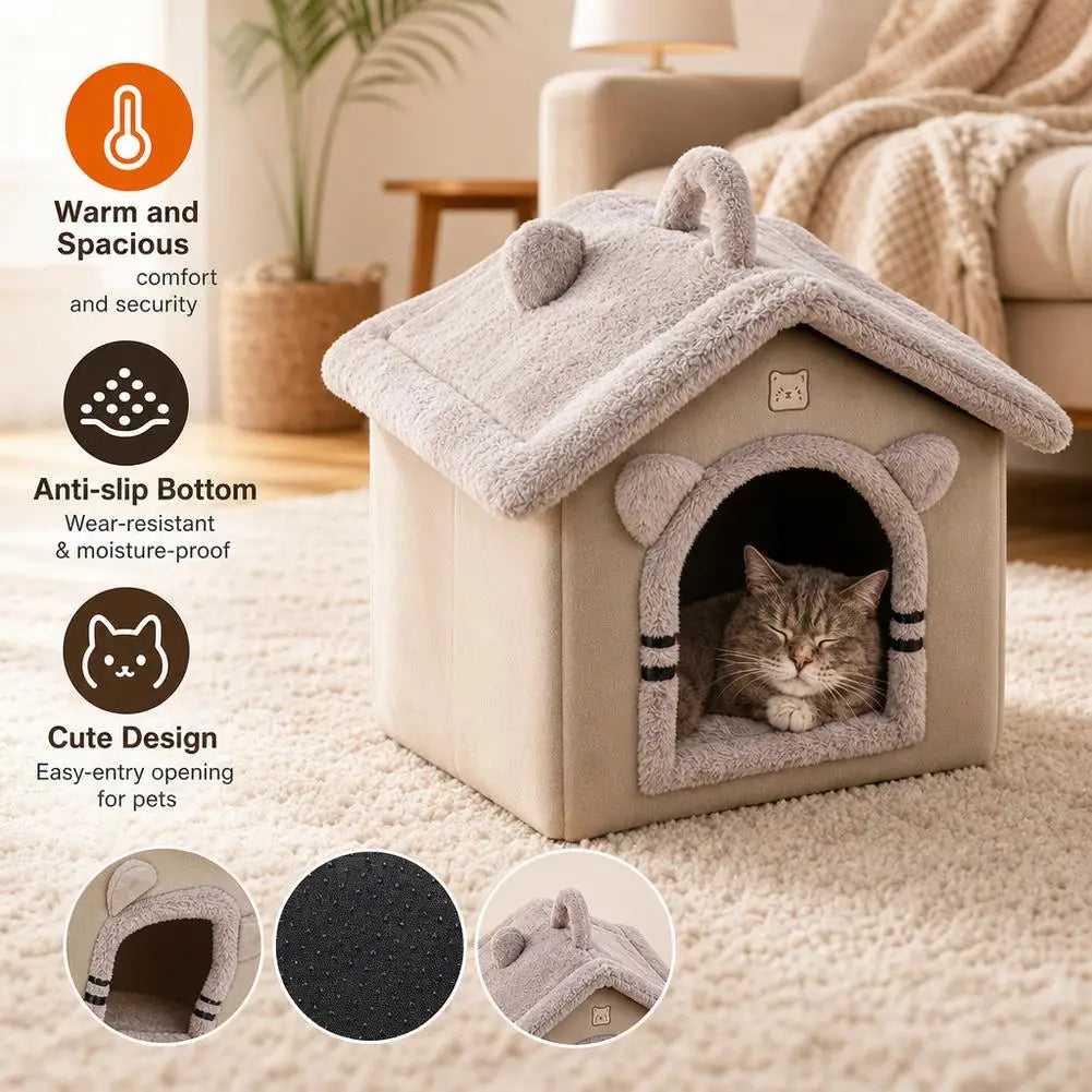 Cama para Pets Estilo Casa Fofa para Cães e Gatos Pequenos, Quente para o Inverno, Removível e Lavável, Casinha Fechada de Pelúcia, Vila para Gatos, Caverna
