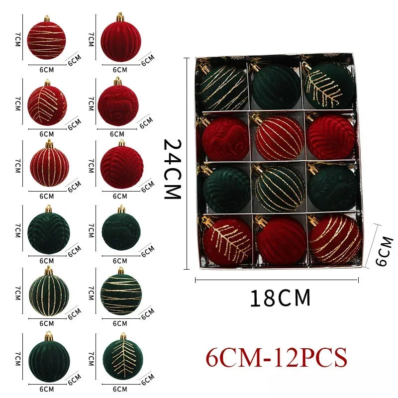 12 Peças de Enfeites de Árvore de Natal em Veludo, Bolas de Natal Flocadas, Decorações de Bolas de Natal, Enfeites de Natal para Pendurar na Árvore