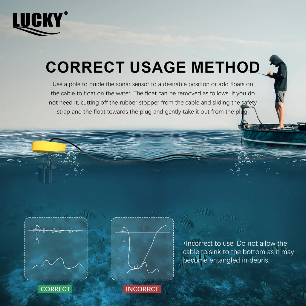 FFC1108-1 Alarme Sonar Portátil 100M para Pesca, Localizador de Peixes com Cobertura de 45 Graus, Sonda de Eco com Alarme e Transdutor para Pesca em Lagos e Mares