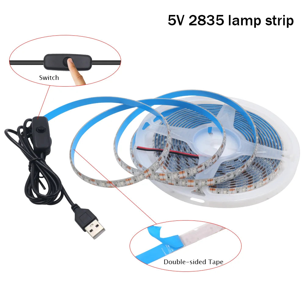 5v 2835 luz de tira led usb 60leds/m fita flexível led com interruptor branco quente à prova dwaterproof água luzes led para decoração do quarto
