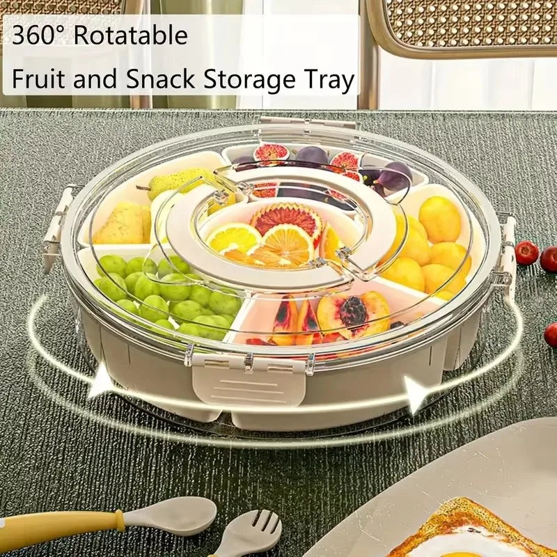 Bandeja giratória para petiscos, com alça e tampa, organizador transparente com compartimentos para guardar frutas, legumes e petiscos para festas.