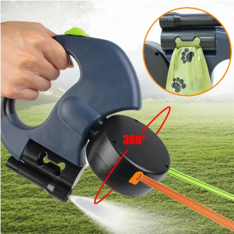 Trela retrátil automática para cães, 3m, com lanterna led, saco de resíduos, roleta, corda de tração dupla de 360 graus, suprimentos para animais de estimação