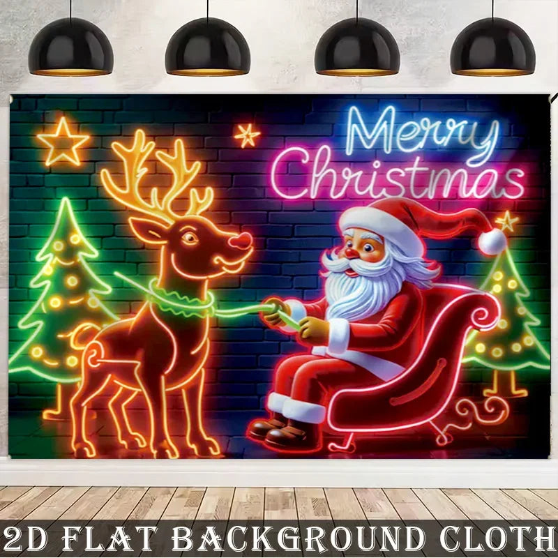 Cenário natalino em neon: Papai Noel e renas, ideal para festas de fim de ano e decorações natalinas para uso ao ar livre.