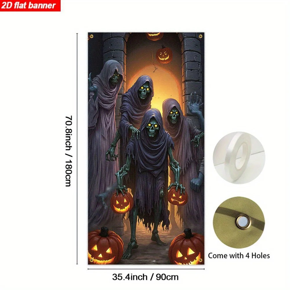 Um item, um banner plano 2D, com tema de Halloween, apresentando fantasmas assustadores, caveiras e decorações de abóbora para uma festa.