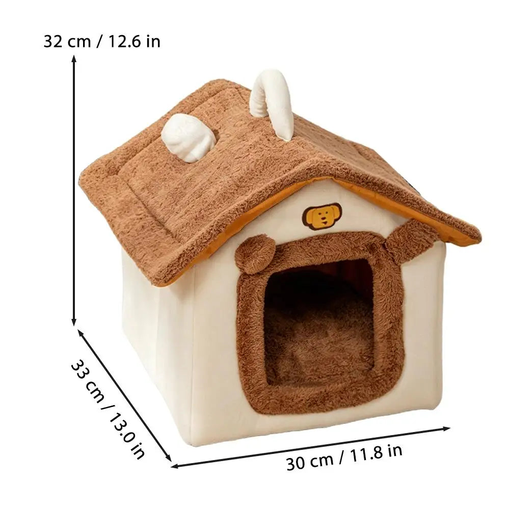 Cama para Pets Estilo Casa Fofa para Cães e Gatos Pequenos, Quente para o Inverno, Removível e Lavável, Casinha Fechada de Pelúcia, Vila para Gatos, Caverna
