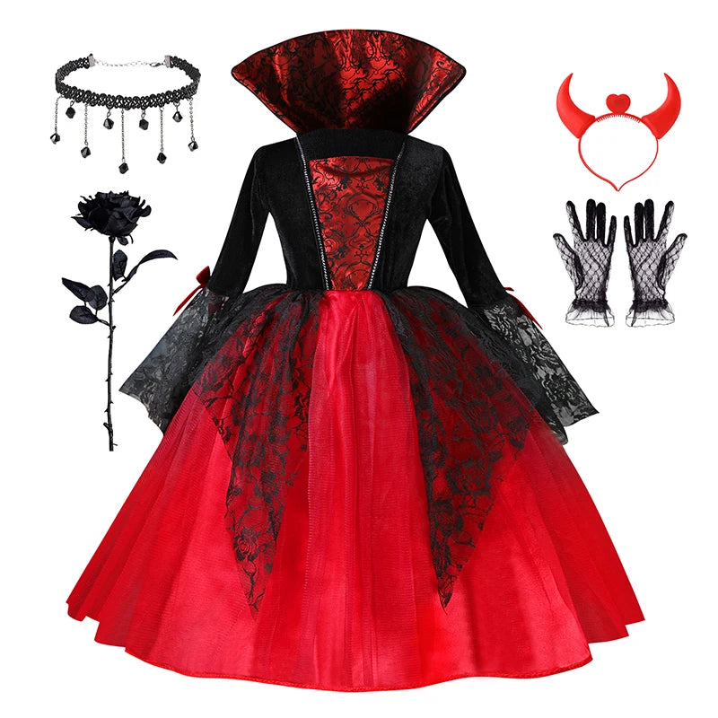 Fantasia de Personagem Vampiro Diabo para Meninas, Vestido de Tule Preto e Vermelho com Acessório de Chifre para Festa de Halloween