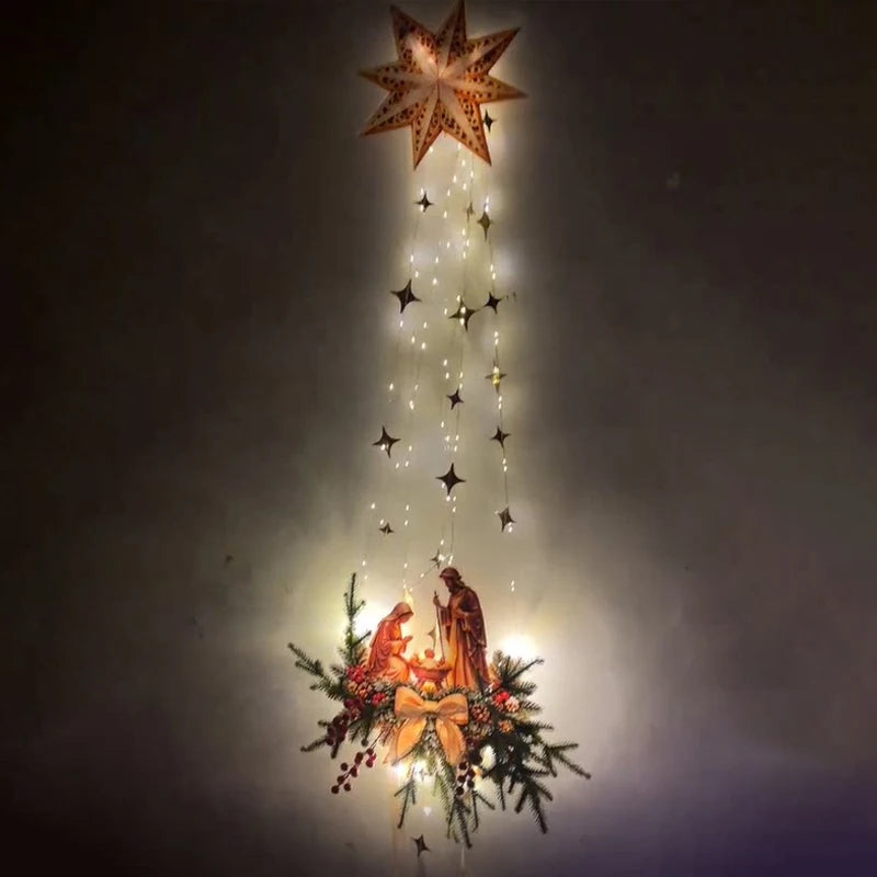 Decoração de parede com cena de nascimento iluminada por LED, ornamento de parede para o Natal, representando o nascimento de Jesus.