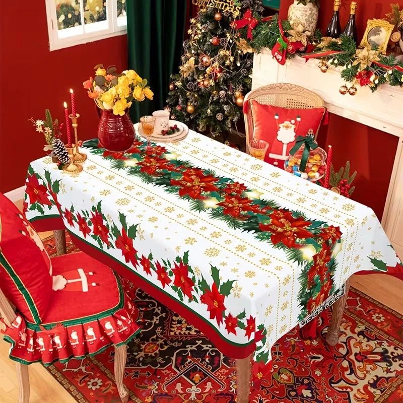 Toalha de Mesa de Natal: Decoração Clássica de Inverno com Estampa de Papai Noel, Floco de Neve e Pinhas – Suprimentos para Cenário Festivo