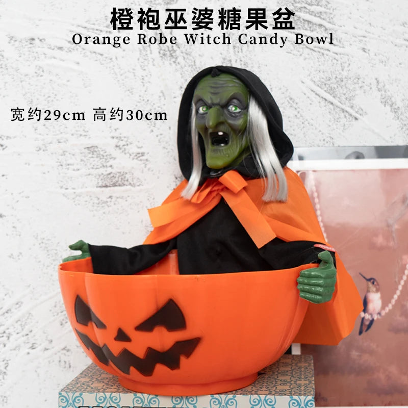 Decoração de cena de Halloween: balde de abóbora, prato de doces engraçado, adereços, enfeites, decorações de atmosfera de evento, decoração de bar