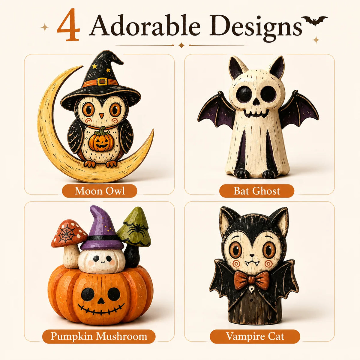 Decoração de Mesa de Madeira para Halloween, Figuras Pintadas à Mão de Coruja, Fantasma, Abóbora e Gato Vampiro para Decoração de Prateleira e Festa