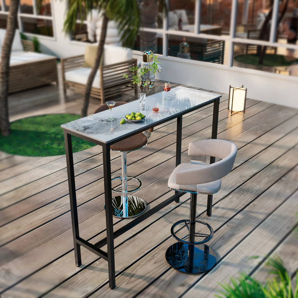Retângulo sinterizado pedra bar mesa, alta Top Pub mesas, mesa de jantar com metal preto frame, contra altura, branco