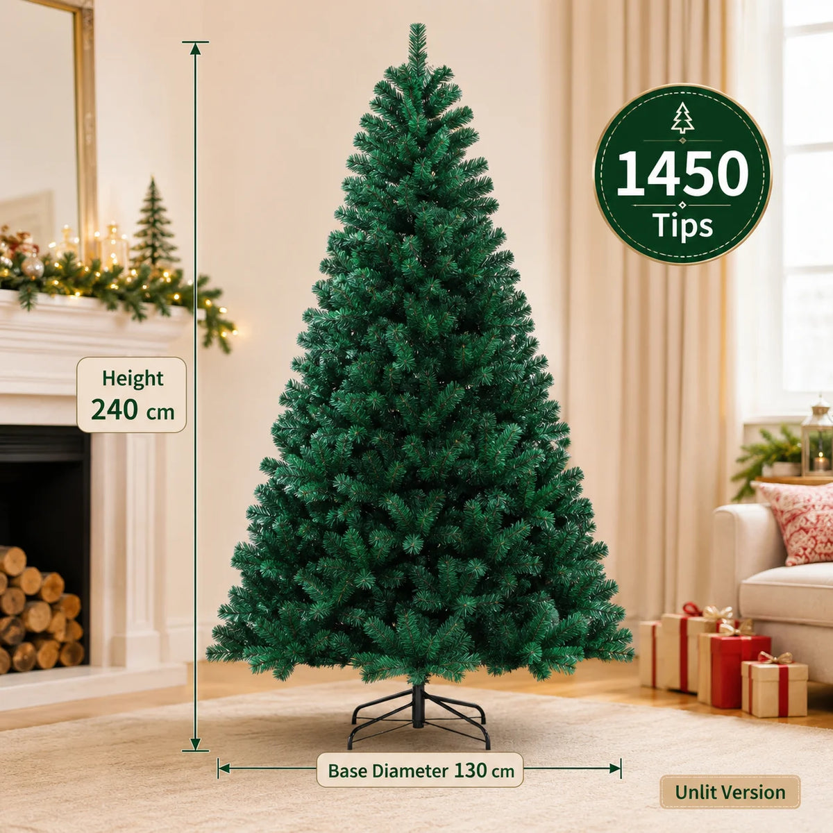 Árvore de Natal Artificial Grande em PVC com Luzes LED, de 120cm a 300cm, Decoração para Festa de Natal e Ano Novo em Família