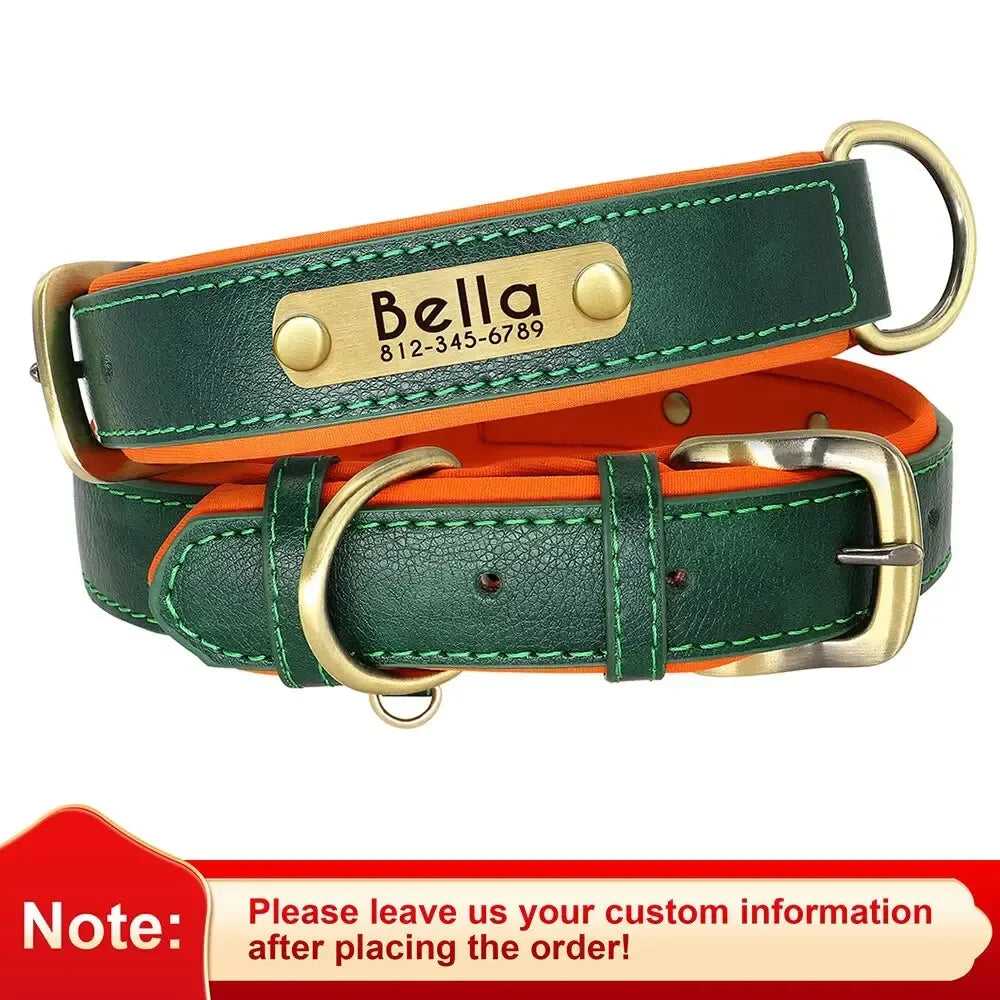 Coleira de Cão Personalizada em Couro com Placa de Identificação, Almofadada e Macia, Gravação Gratuita do Nome para Cães Pequenos, Médios e Grandes