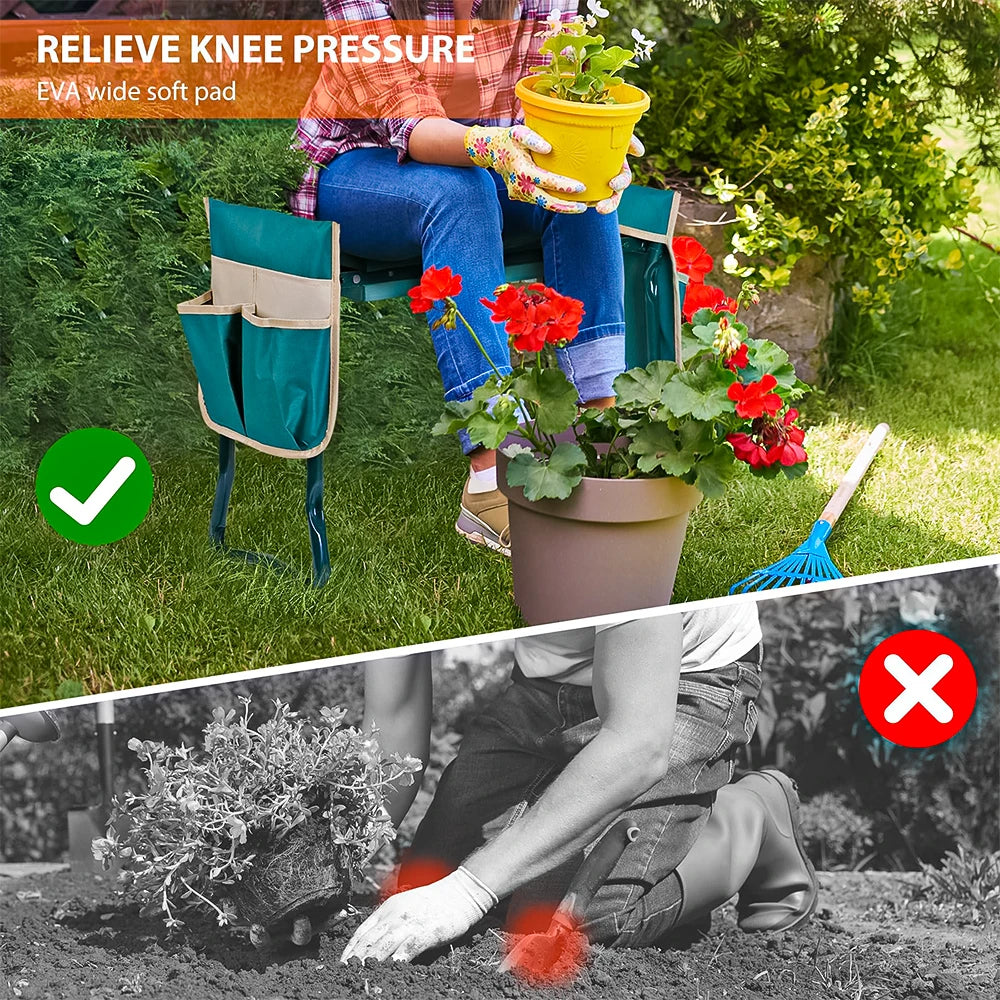 Banco de Jardim 2 em 1 Portátil com Bolsa para Ferramentas, Banquinho Dobrável com Almofada EVA, Ideal para Jardinagem e Trabalho no Quintal
