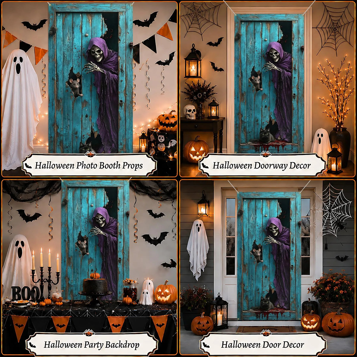 Capa de Porta de Halloween: Cenário Assustador de Esqueleto Ceifador para Decoração de Entrada de Casa Assombrada, Suprimentos para Banner de Festa Temática de Terror