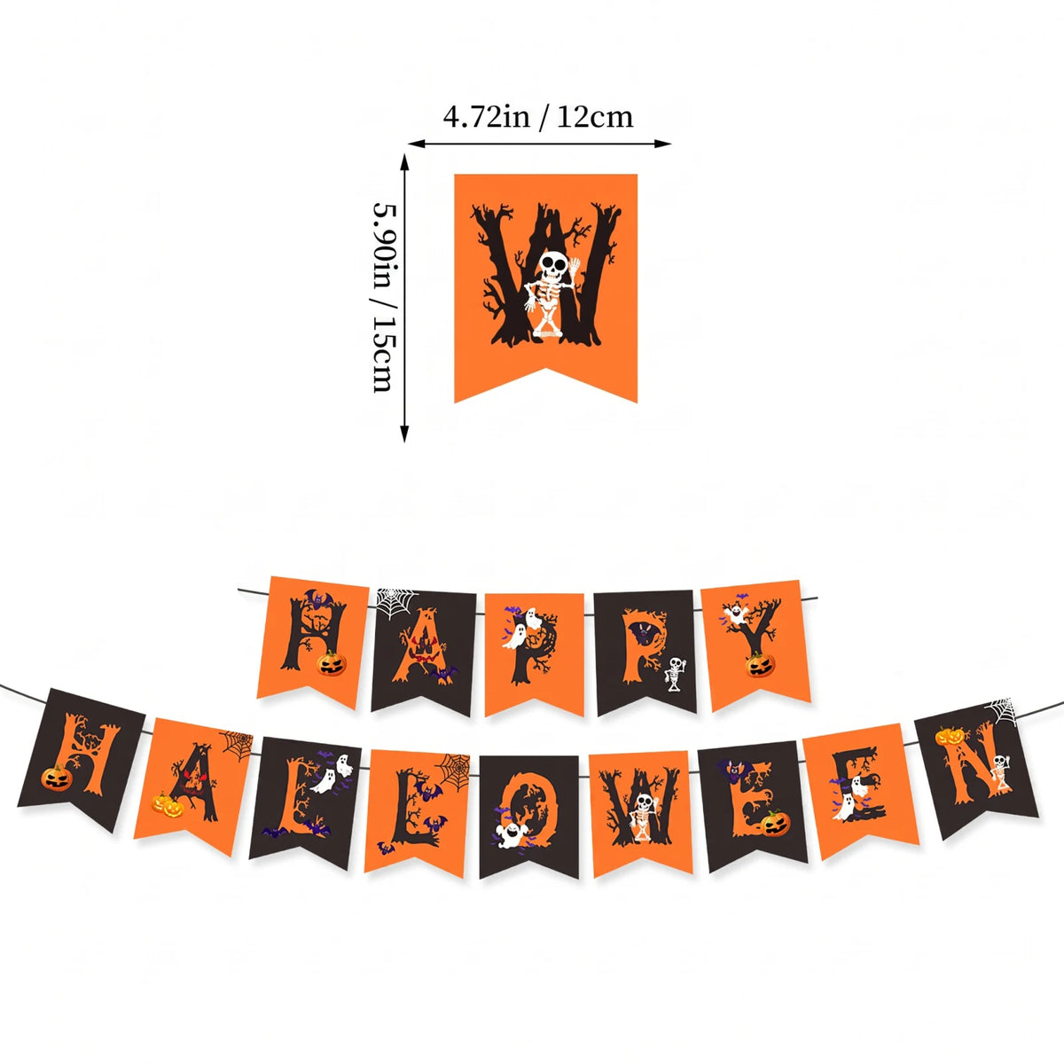 Decorações para Festa de Halloween, Bandeirolas Pretas e Laranjas, Guirlandas de Papel DIY para Decoração
