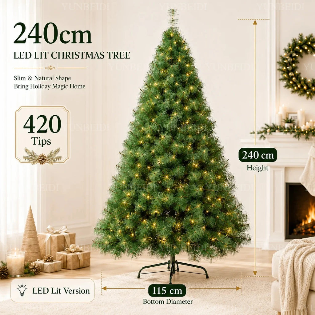 Árvore de Natal Artificial com Agulhas de Pinheiro em PET, com Luzes LED, de 90cm a 240cm, Decorações de Natal para a Família