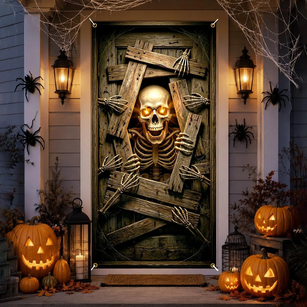 Banner de Porta de Esqueleto com Olhos Brilhantes para Halloween, Decoração Assustadora de Porta de Madeira Quebrada, Decoração Suspensa para Festa Interna e Externa