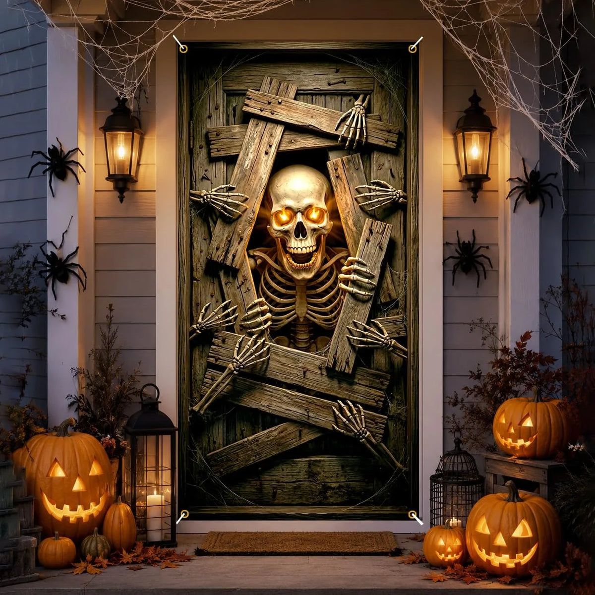 Banner de Porta de Esqueleto com Olhos Brilhantes para Halloween, Decoração Assustadora de Porta de Madeira Quebrada, Decoração Suspensa para Festa Interna e Externa