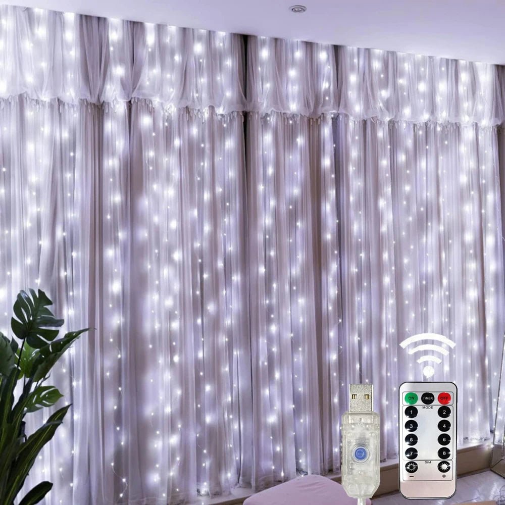 Luzes de Natal LED, Cortina de Luzes de Fada com 8 Modos, Controle Remoto USB, Decoração de Natal para Casa, Lâmpada de Ano Novo - Kasa & Pet