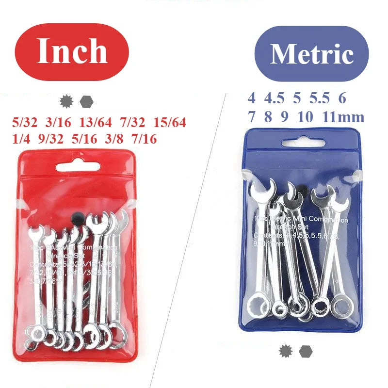 Novo 10 peças mini chave de extremidade aberta 4-11mm metrci/padrão imperial 45 #   Chaves de catraca de extremidade dupla de aço mini chave combinada