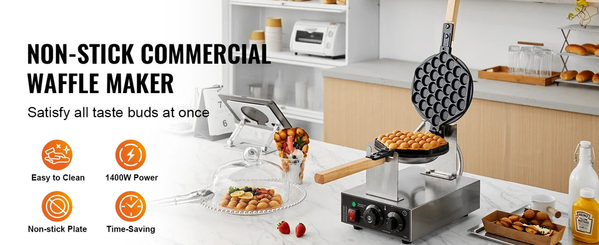 SucceBuy Máquina comercial de waffle com bolhas de ovo 1400W antiaderente em aço inoxidável com 180 °   2 panelas giratórias e alças de madeira