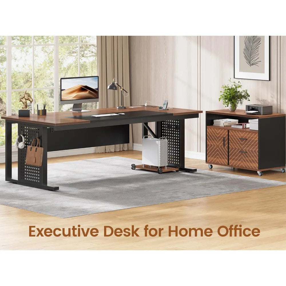Mesa Executiva de 71 polegadas com Armário Arquivador com Rodas, Mesa de Escritório Grande com Gavetas, Mesa de Computador em L com Tomada, Personalizável