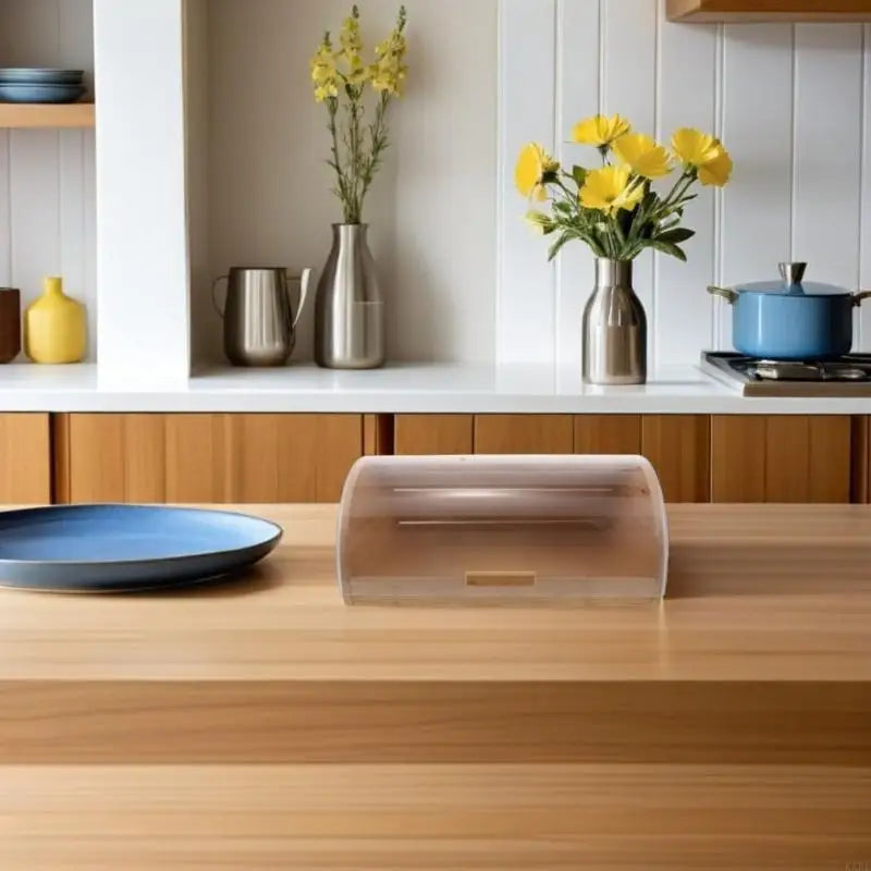 Caixa organizadora pão bambu natural com tampa transparente para frescor e fácil visualização, perfeita para armazenamento